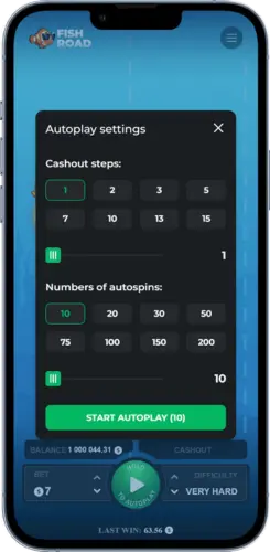 Fish Road Autoplay-Einstellungen mit Cash-out-Schritten