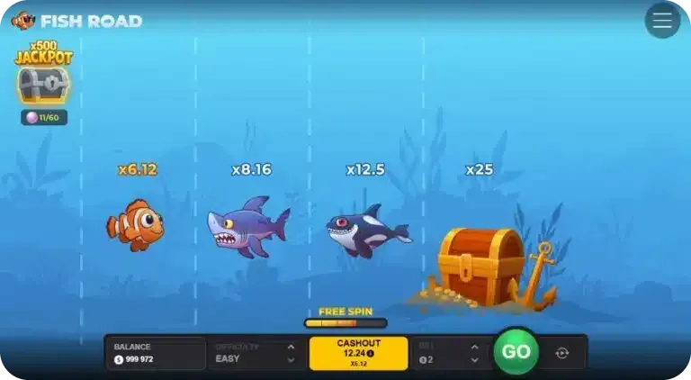 Fish Road Gameplay mit steigenden Multiplikatoren und Cash-out