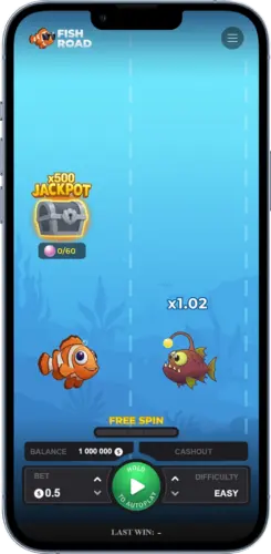 Fish Road Startbildschirm mit Crash-Mechanik und Multiplikator