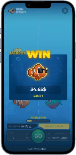 Fish Road Gewinnbildschirm mit Auszahlung nach erfolgreichem Cash-out