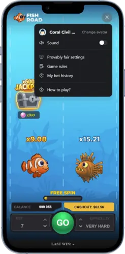 Fish Road Spieloberfläche mit Einstellungen und Multiplikatoren