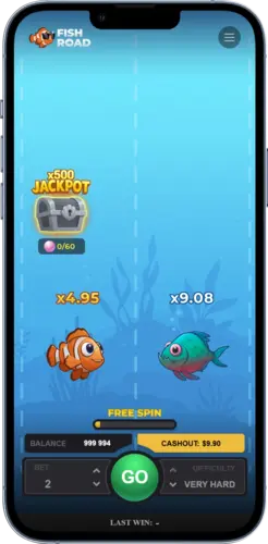 Fish Road Gameplay mit Fischsymbolen und aktiven Multiplikatoren